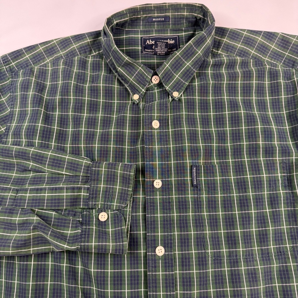 Abercrombie & Fitch Button Down Shirt Mens XL Green Navy Plaid Muscle Fit Y2K